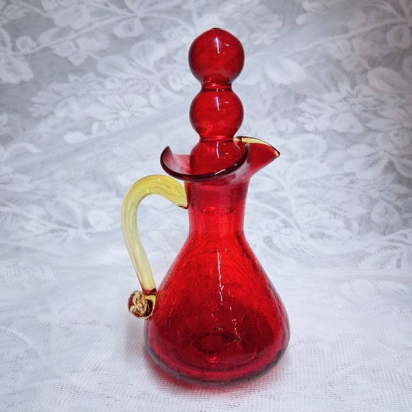 Vintage Blenko Amberina Crackle Glass Cruet Pitcher Bubble Stopper Red To Yellow - Picture 5 of 13